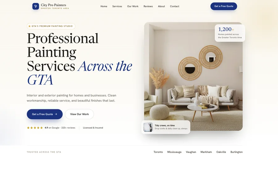 One-page website for a professional painting company in the Greater Toronto Area