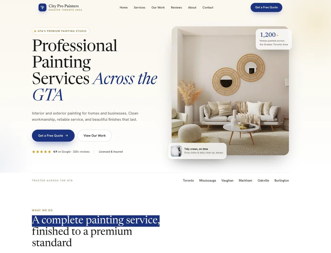 One-page website for a professional painting company in the Greater Toronto Area