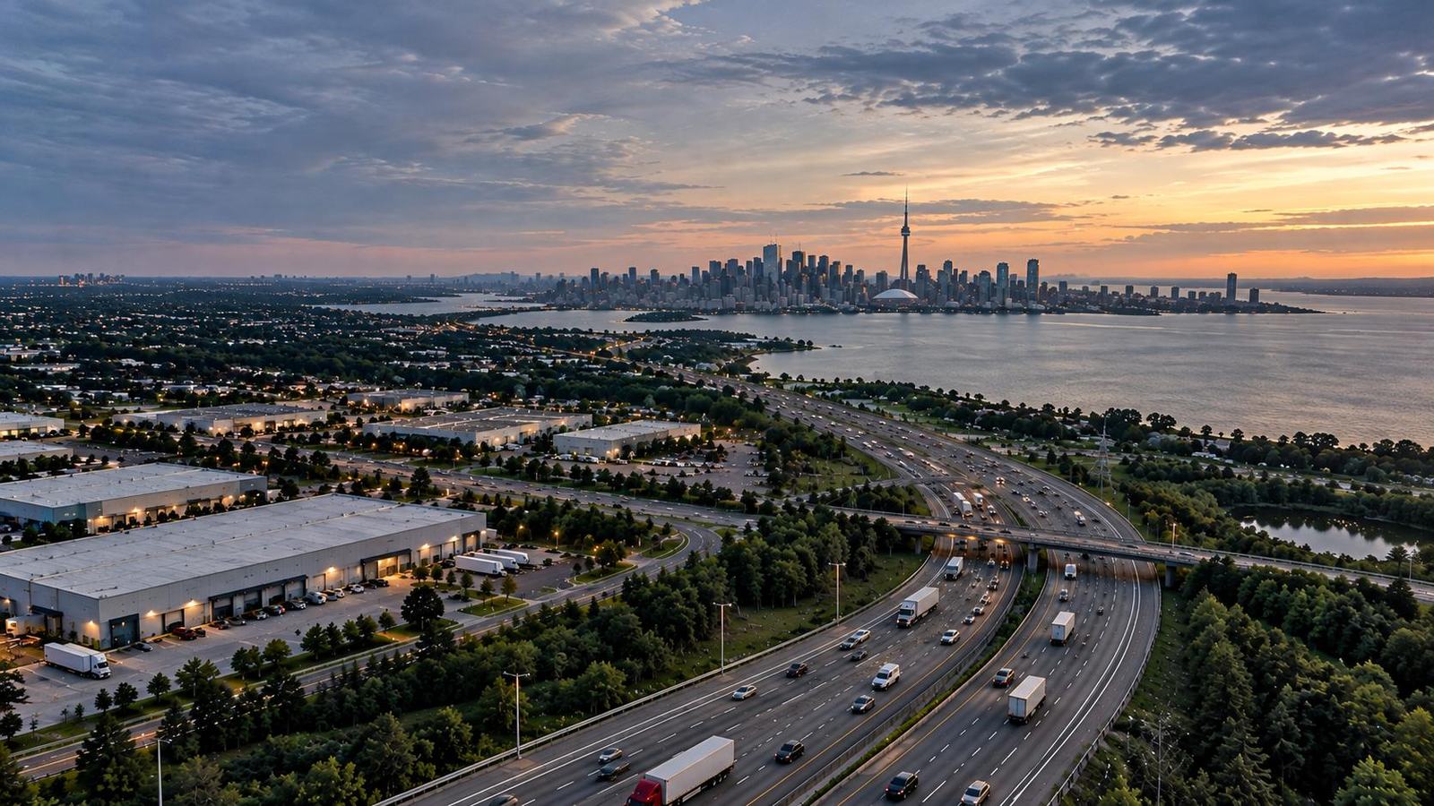 Aerial view of a GTA highway and industrial area with the Toronto skyline at dusk